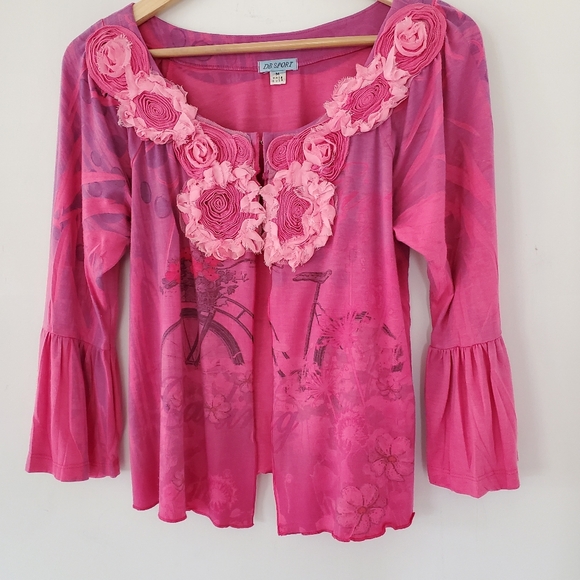 90s Pink Purple Floral Rosettes Cardigan Bell Lightweight Whimsy Girly Fairy Y2K - Picture 11 of 12